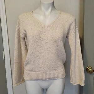 J.Crew Flare Swing Sleeve Ivory Cotton-Knit V-Neck Sweater(M)